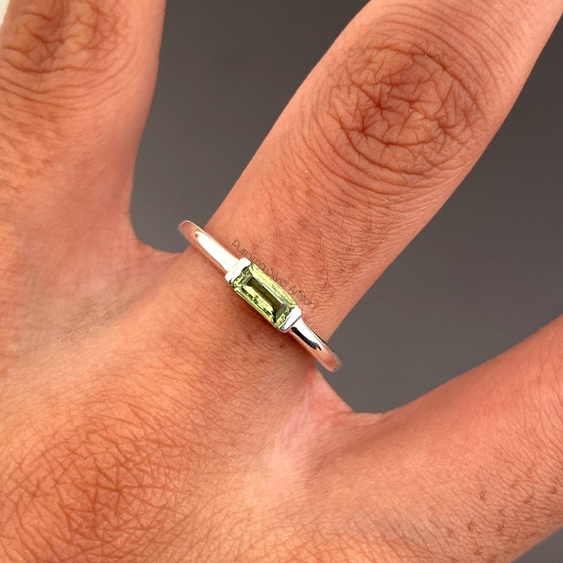 Natural Peridot Baguette Ring Solid 925 Sterling Silver Peridot Minimalist Ring Peridot Solitaire Ring Engagement Peridot Wedding Ring Gift Silver