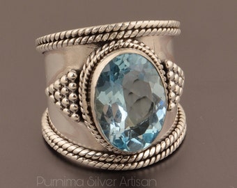 Solid 925 Sterling Silver Blue Topaz Gemstone Ring For Women Handmade Men Ring Wedding Gift For Men Wide Band BT Silver Ring