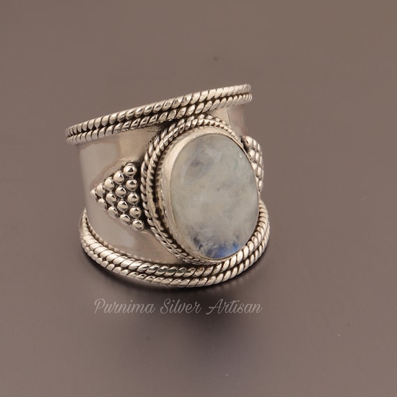Natural Rainbow Moonstone Oval Ring - 925 Sterlin… - image 1