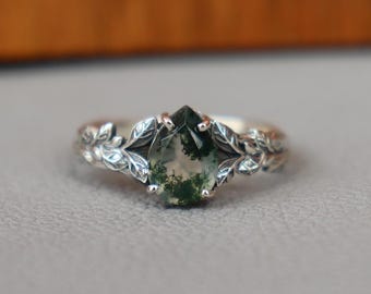 Drop Moss Agate Ring, 925 Sterling Silver Branches Ring, Leaves Celestial Ring, Nature Inspired Ring, Anniversary Gift, Moss Agate Ring