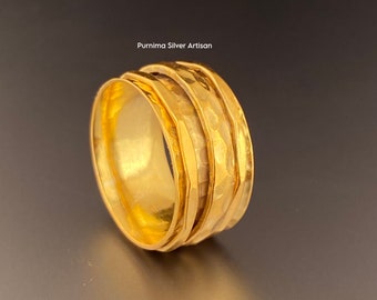 Hammered 18k Gold Plated Spinner Rings - 925 Sterling Silver Three Spin Band Rings - Handmade Rings For Women - Christmas - Valentine's Day