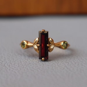 Nature Garnet 18k Gold Plated Ring, Leaf 925 Sterling Silver Ring, Boho Ring, Women's Silver Ring, Wedding Ring, Anniversary Gift For Her