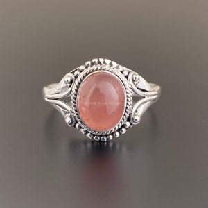 Natural Pink Rose Quartz 925 Sterling Silver Designer Ring- Oval Shape Gemstone Ring- Christmas Gift- Rose Quartz Ring