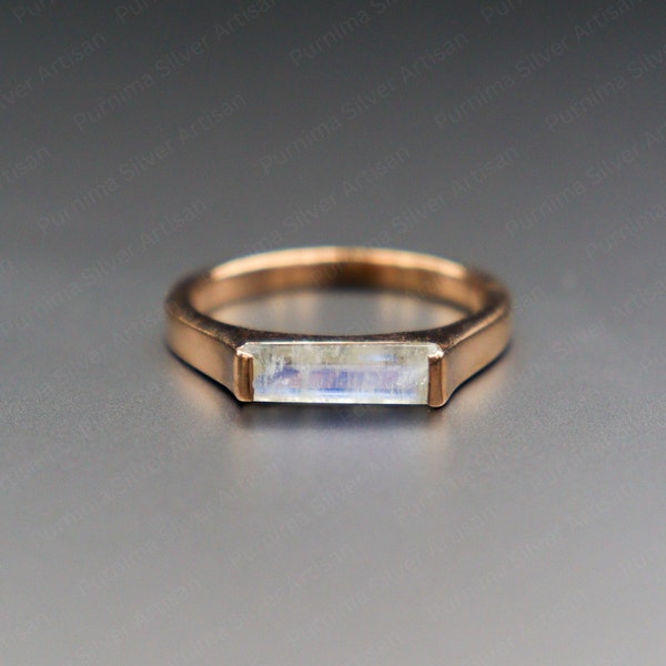 Natural Long Bar Moonstone Ring ~ 925 Sterling Silver Baguette Ring ~ Rectangular Bar Gemstone Ring ~ Handmade Ring ~ Gold Filled Ring