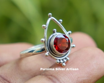 Natural Round Garnet Gemstone Pear Design Midi Ring, Handmade 925 Sterling Silver January Birthstone Women's Christmas Gift Jewelry