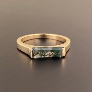 Natural Moss Agate Ring - Moss Agate Baguette Ring - Long Bar Ring - Wedding Ring - Anniversary Gifts For Him - Classic Unisex Band Ring