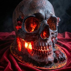 May include: A dark, textured skull sculpture featuring a weathered, charcoal-colored surface with integrated crystalline structures. The interior of the skull emits a bright, warm orange glow through the eye sockets, nasal cavity, and teeth.