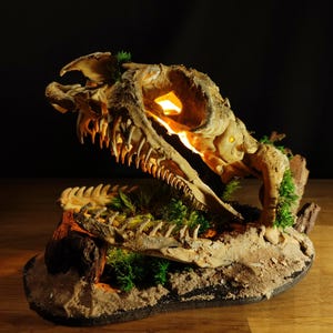 Può includere: Una replica dettagliata di un teschio di dinosauro illuminato con una texture ossea realistica. Il cranio è montato su una base con sabbia e muschio, creando una scena naturale e preistorica.