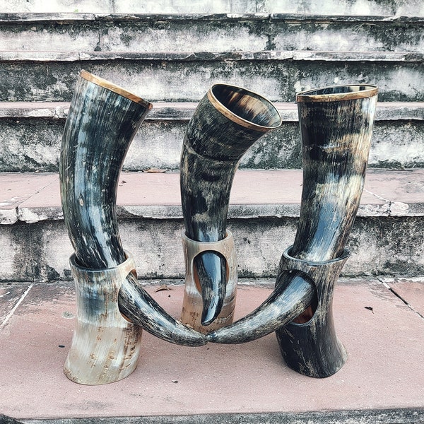2 Handcrafted Drinking Horn with Stand, Viking Drinking Horn for adult, Beer Stein, Handmade Horn Mugs, Gifts for Game of Thrones lovers