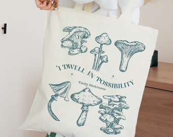 Borsa tote a forma di fungo di Emily Dickinson, borsa tote a forma di libro, borsa tote carina, borsa a forma di fungo, borsa a forma di fungo, borsa Cottagecore, borsa tote naturale, borsa tote a forma di fungo