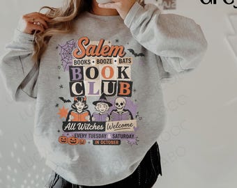 Retro Salem Book Club Sweatshirt Vintage Halloween Crewneck Skeleton Witch Sweater Book Related Gifts Summerween Witchy Things Salem Hoodie
