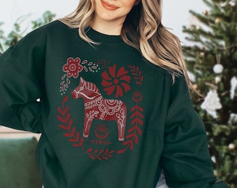 Swedish Sweater Christmas Crewneck Swedish Dala Horse Scandinavian Sweater Hygge Sweatshirt Nordic Christmas Swedish Folk Art