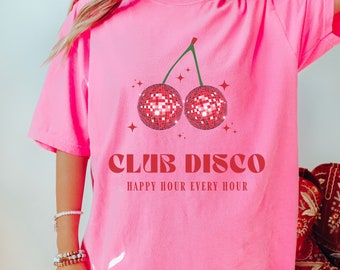 Camisa retro de cerezas, camisa de discoteca, camisa de discoteca de los años 70, camisa de discoteca, novia de discoteca, camisa de despedida de soltera de discoteca, camisa de cerezas, camisa de bola de espejos, camisa de discoteca de cerezas