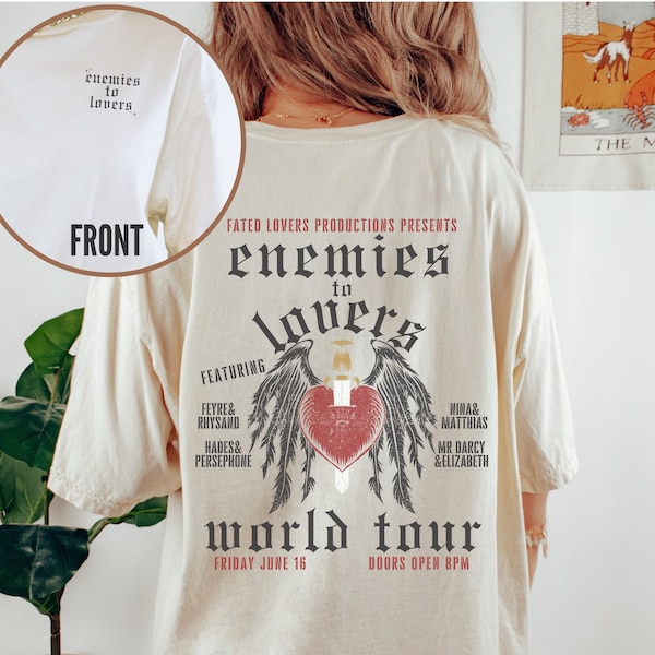 Camiseta de banda angustiada Enemigos a amantes, cuello redondo literario, artículos literarios, camiseta Dark Academia, cottagecore oscuro, botánica oscura, romance oscuro