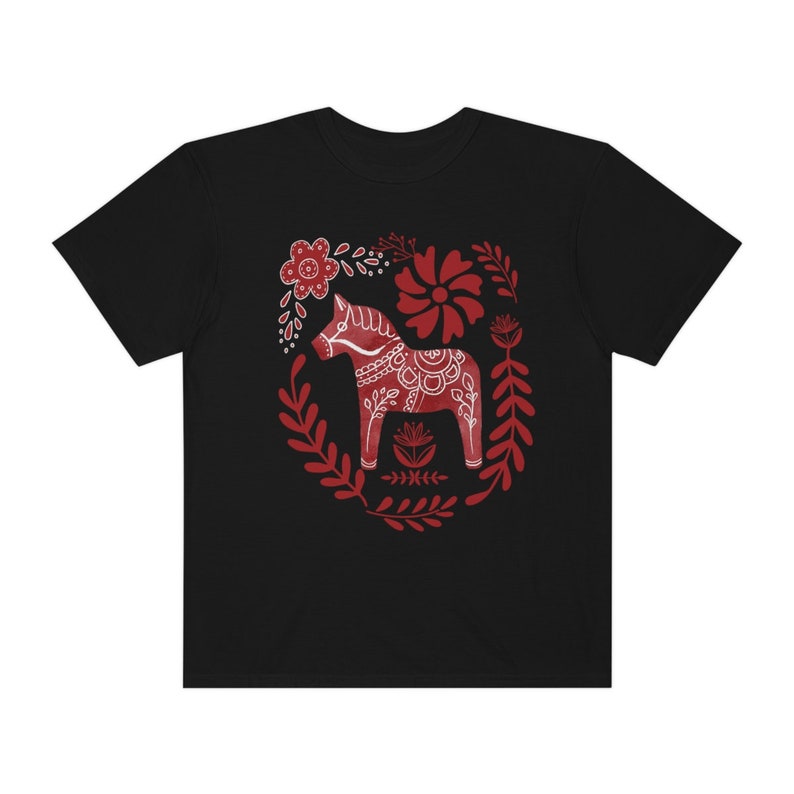 Scandinavian Shirt Christmas Crewneck Holiday Apparel Swedish Dala Horse Hygge Christmas Nordic Christmas Swedish Folk Art Cottagecore Shirt Black