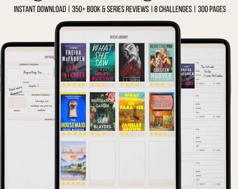 May include: Digital reading journal displayed on three tablets. The center tablet shows a book library with various book covers. The text at the top says "Digital Reading Journal" and "Instant Download". The journal includes book reviews and challenges.