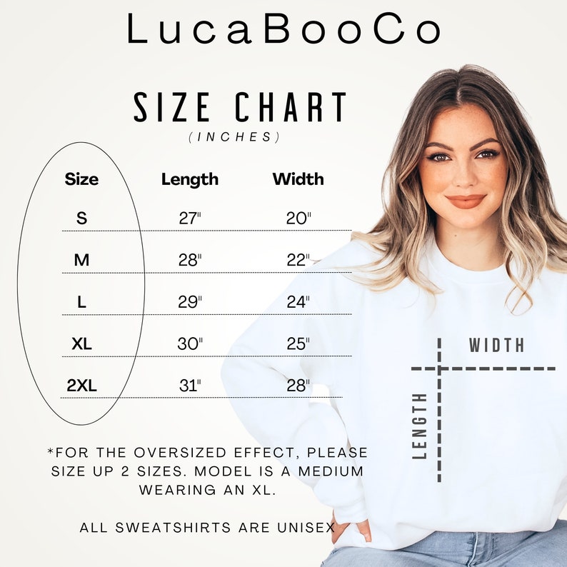 Op de afbeelding: Maattabel voor sweatshirts in inches. De tabel toont de lengte en breedte van de sweatshirts in de maten S, M, L, XL en 2XL. De tabel bevat ook de tekst "*VOOR HET OVERSIZED EFFECT, GElieve 2 MATEN GROTER TE NEMEN. MODEL DRAAGT EEN XL. ALLE SWEATSHIRTS ZIJN UNISEX"