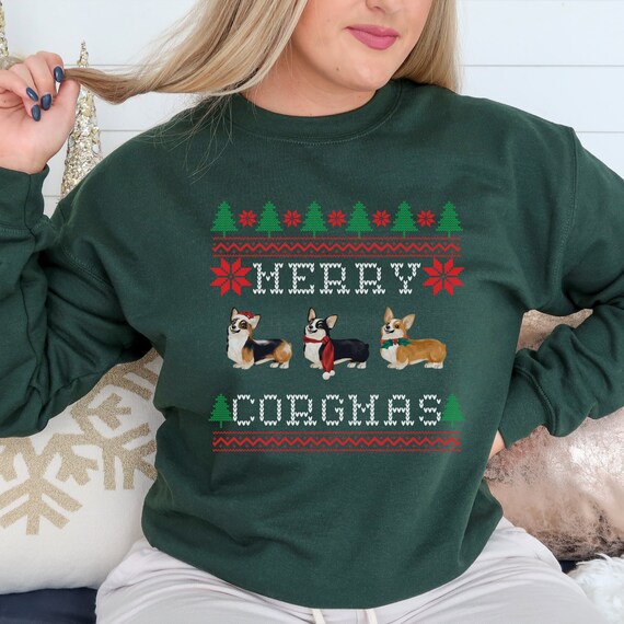 Corgi Ugly Christmas Sweater Sweatshirt - Red Adult Crew Neck Holiday Sweater