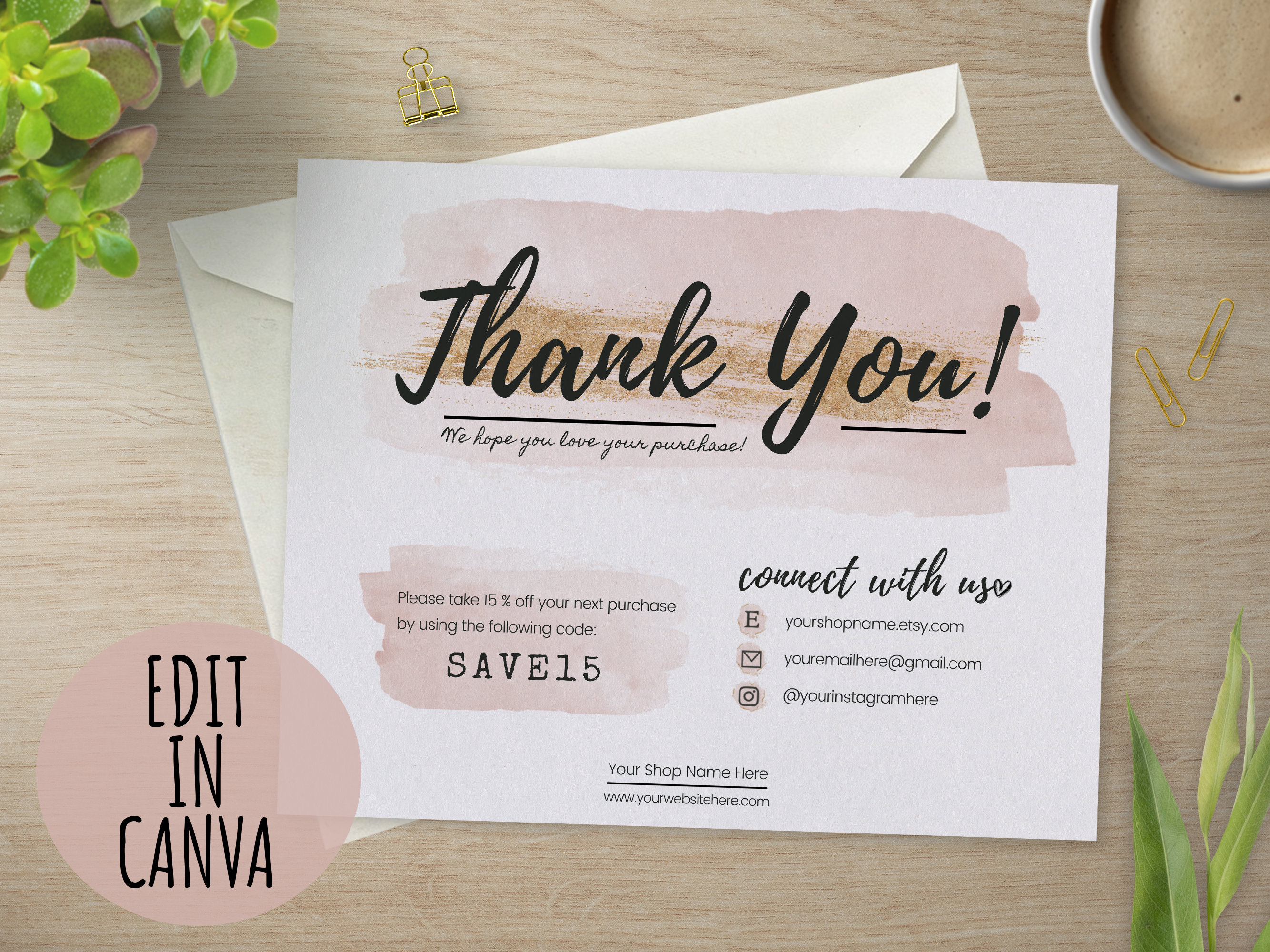 Rose Gold Thank You for Shopping Card Printable Template for | Etsy