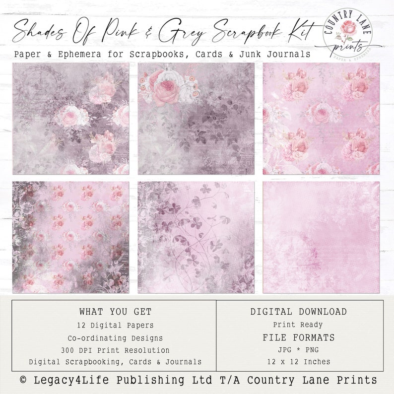 Shades of Pink & Grey Scrapbook Kit Digital Papers image 1