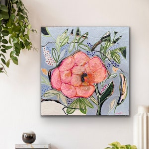 Peinture florale, peinture acrylique de fleurs, oeuvre d'art originale, oeuvre florale, oeuvres d'art sur panneau de bois 10 x 10 pouces, unique en son genre, rose, bleu, vert
