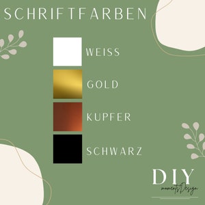 May include: A graphic showing four different colors of paint with the German words for each color: white, gold, copper, and black. The graphic is on a green background with a DIY moments design logo.