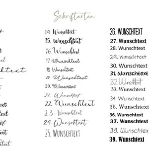 May include: A list of 39 different font styles, each labeled with a number and the word "Wunschtext" in the font style. The word "Schriftarten" is at the top of the list.