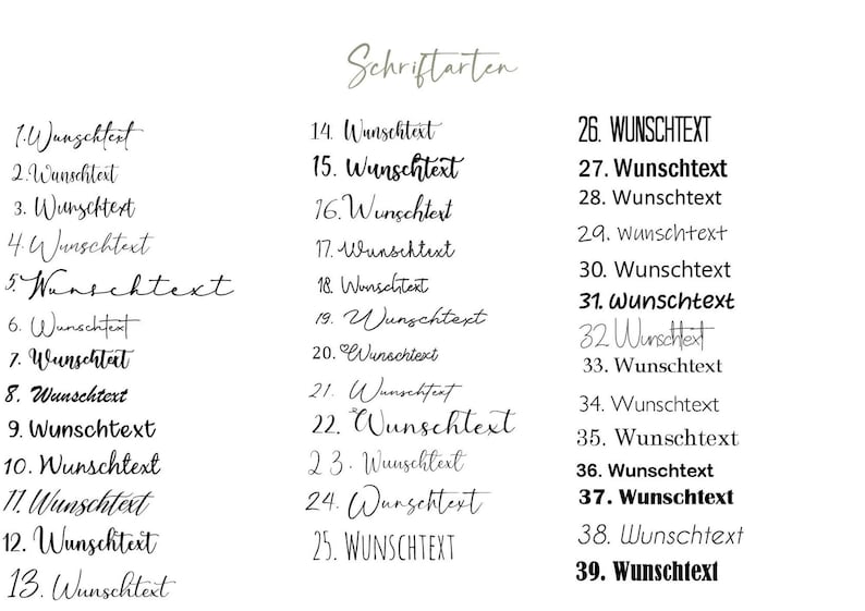 May include: A list of 39 different font styles, each labeled with a number and the word "Wunschtext" in the font style. The word "Schriftarten" is at the top of the list.