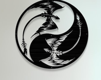 Arte murale in metallo con drago Yin Yang: scultura tagliata al laser