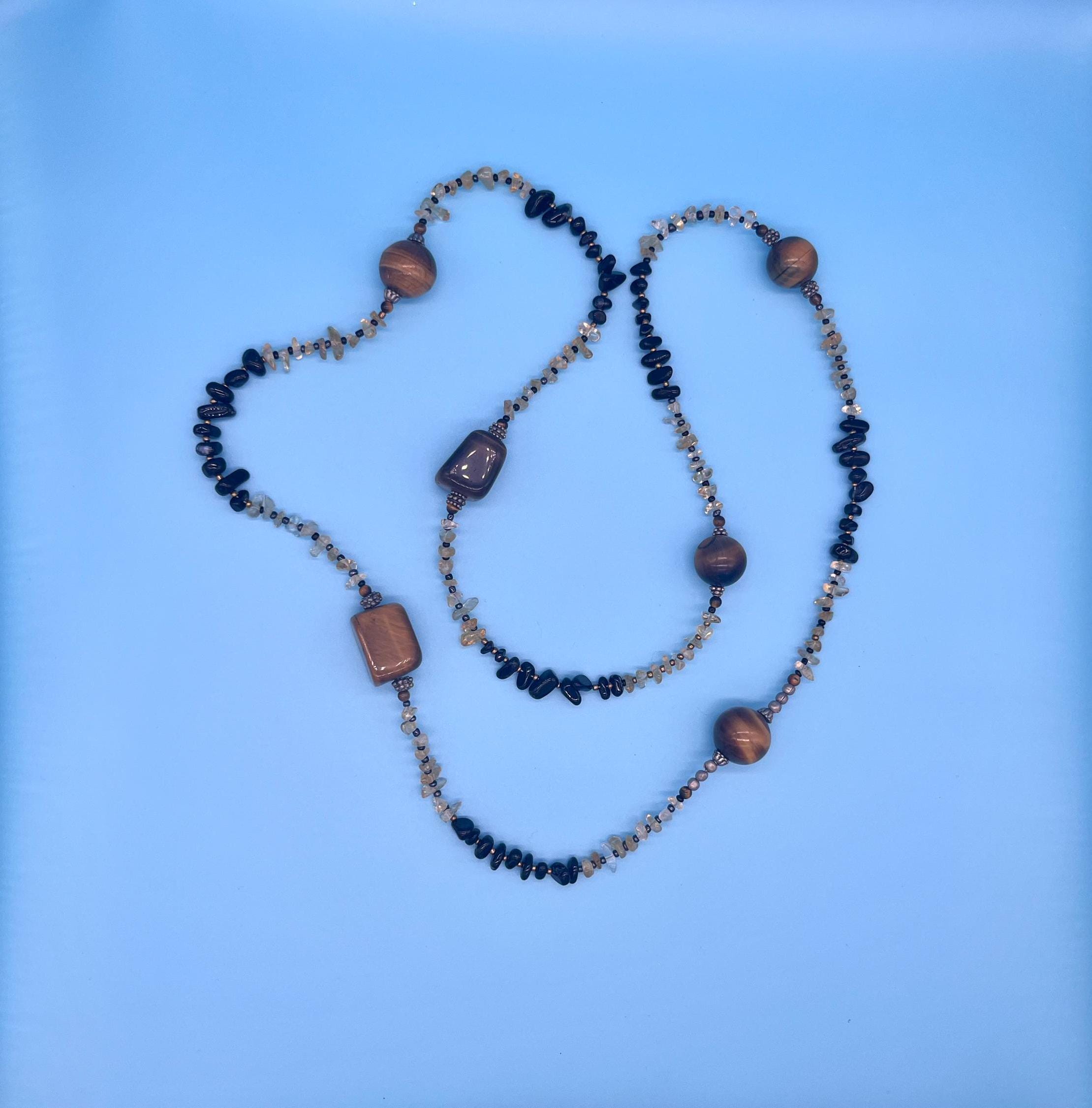 40" chunky tiger eye, citrine obsidian chain necklace.