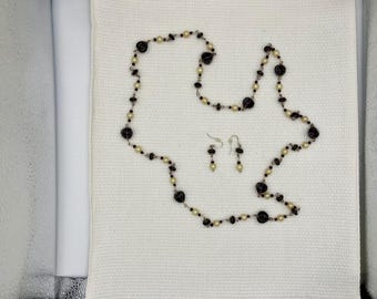 Purple glass heart beads and pearl necklace handmade chain with matching drop earrings