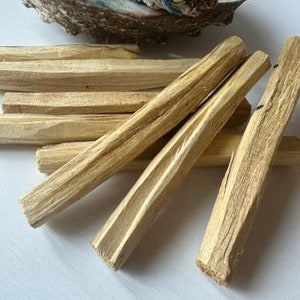 May include: A collection of light brown palo santo sticks, some with carved edges, are arranged on a white surface. A bundle of white sage tied with blue string rests in a decorative shell in the background. The image is well-lit, highlighting the natural textures.