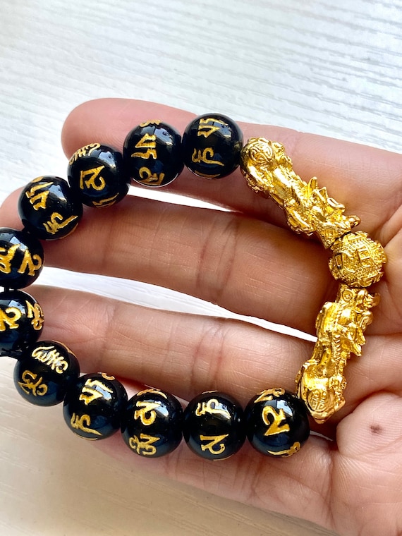 Authentic Obsidian Feng Shui Bracelet Double Pixiu Dragon 24k Gold