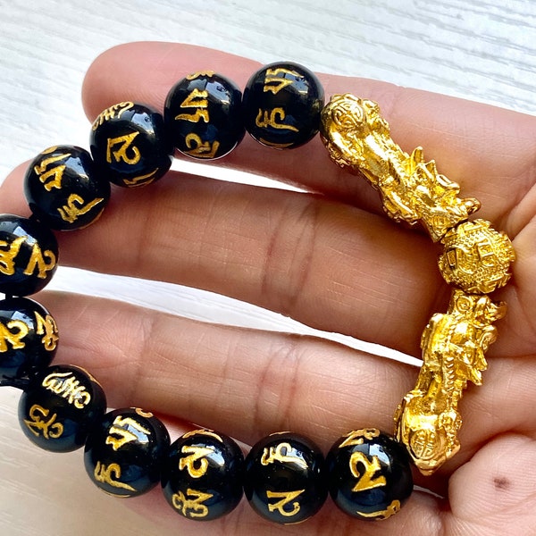 Authentic Obsidian Feng shui bracelet double Pixiu  dragon 24k gold plated Blessed by Temple