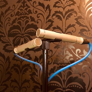 Może przedstawiać: Dwa srebrne mikrofony zamontowane na czarnym stojaku z niebieskimi kablami. Mikrofony są ustawione w konfiguracji stereo.