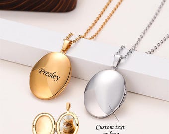 Custom Photo Oval Pendant Stainless Steel Locket Necklace, Personalized Picture Text Necklace, Fashion Jewelry Friend Lovers Gift