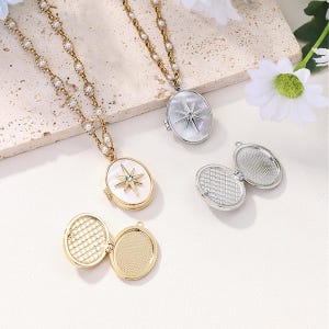 Custom Photo Frame Octagram Necklace, Personalized Image Locket Pendant Shell Necklace, Christmas Gifts Jewelry，Print 2 Images Lockets