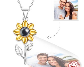 Personalized Picture Necklace-925 Sterling Silver Sunflower Pendant-Projection Photo Necklace-Flower Charm Necklace for Women Men Gifts