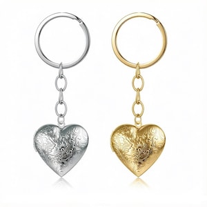 Custom 2 Photos Locket Keychain, Personalized Images Heart Pendant Stamp Flower Keychain