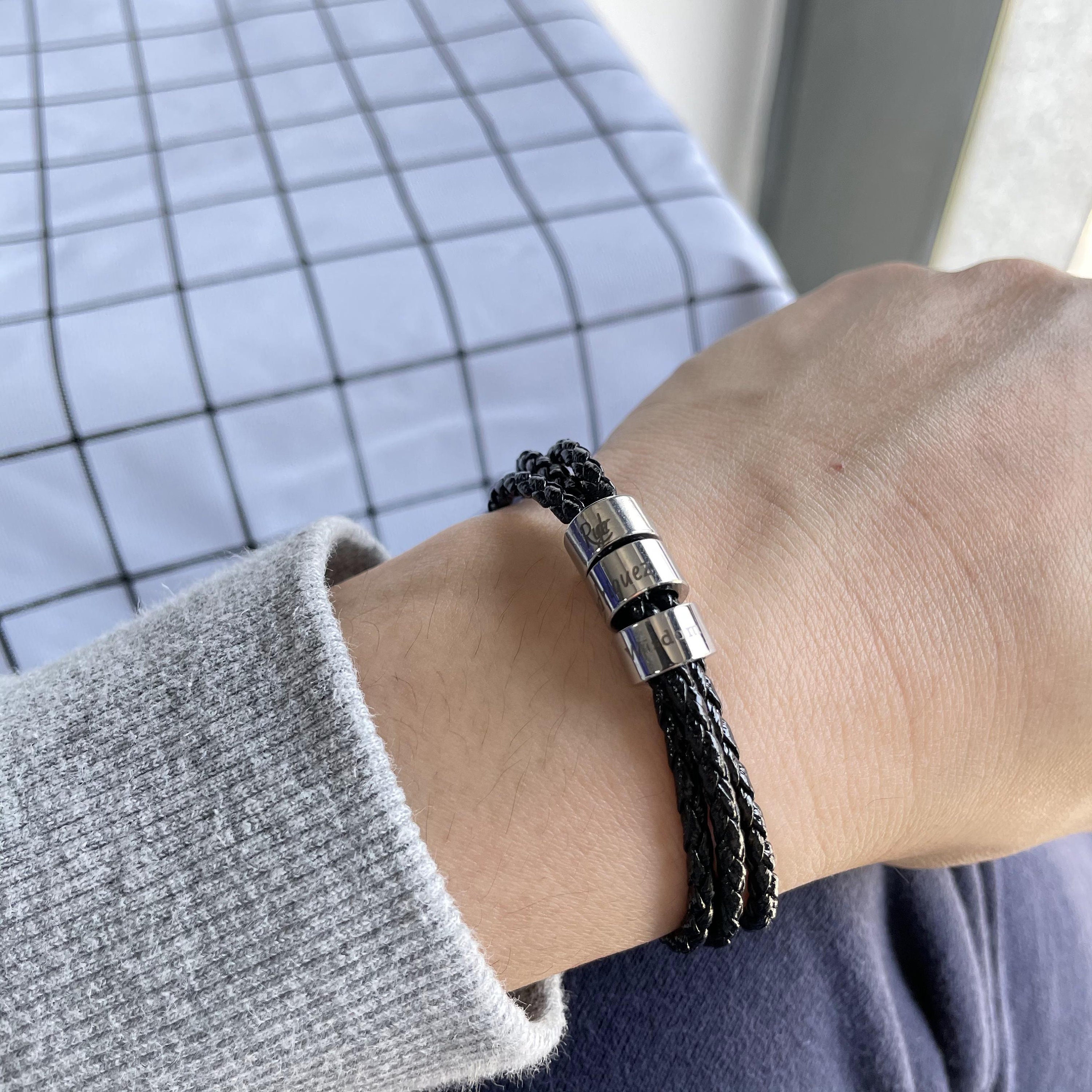 Diagonal Bracelet, Leather, Black, Stainless steel