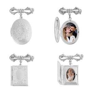 May include: Silver lockets in oval and rectangular forms, each attached to a bow-shaped pin. The oval locket has floral detailing and opens to show a photo. The rectangular locket also opens to reveal a photo. The lockets are shown open and closed.