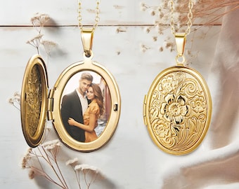 Custom Photo Locket Necklace, Personalized Picture Oval Pendant, Stainless Steel Engraved Text Necklace