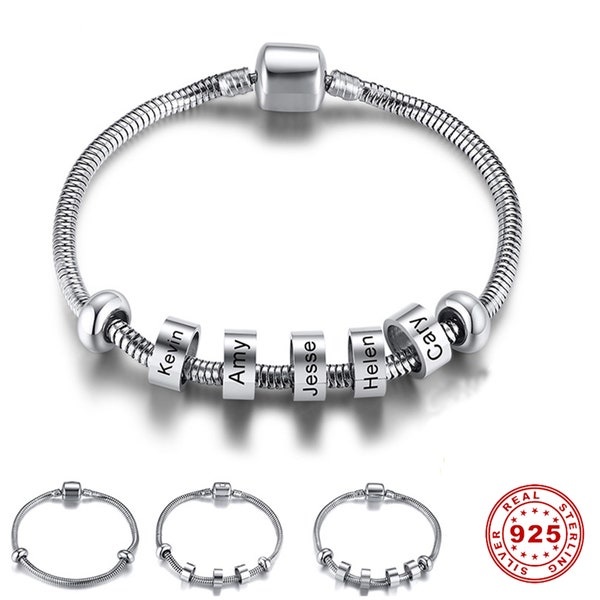 925 Sterling Silver Family Name Beads Bracelet Custom Name Charm Bracelet Silver Cuff Bangle Personalized Gift Bracelet