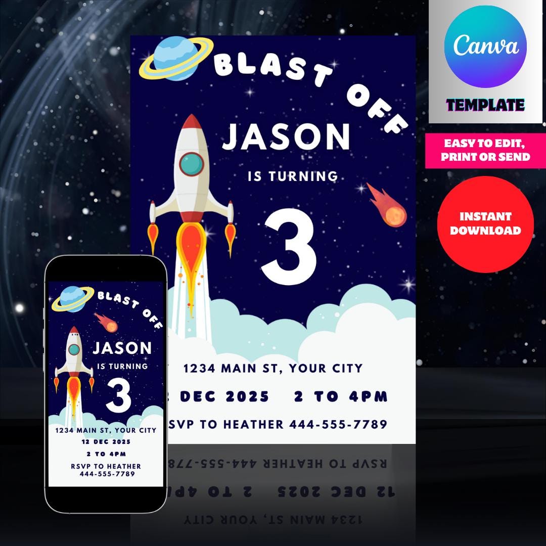Rocket Inviation Rocket Birthday Invitation | Space Theme Party, Editable Canva Template ...
