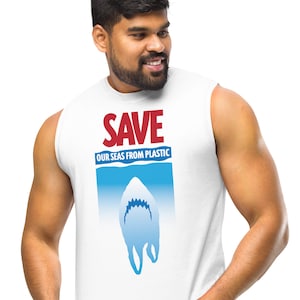 Save Our Seas From Plastic Keep Our Seas Plastic Free Jaws Inspired Shark Graphic Adult Unisex Sleeveless Shirt