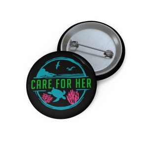 Climate Change Earth Save Our Oceans and Sea Turtles Neon Design Button Pin