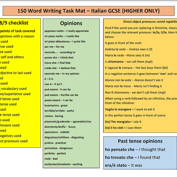 Italian Higher GCSE Writing Mat