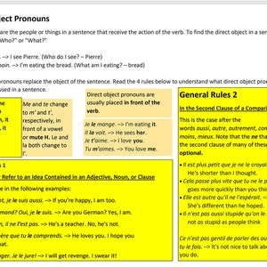 Puede incluir: Un folleto amarillo y blanco con el título "Pronombres de objeto directo" y texto que explica las reglas de los pronombres de objeto directo en francés. El folleto incluye ejemplos de pronombres de objeto directo en oraciones.