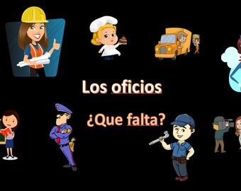 Könnte beinhalten: Eine bunte Illustration verschiedener Berufe, darunter ein Arzt, ein Bauarbeiter, ein Koch, ein Zusteller, eine Flugbegleiterin, ein Lehrer, ein Polizist, ein Mechaniker und ein Reporter. Der Text "Los oficios ¿Que falta?" ist in Orange auf schwarzem Hintergrund geschrieben.