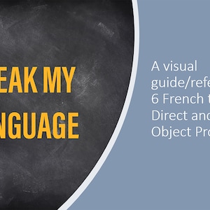 May include: A black chalkboard with white chalk writing that says "Speak My Language". The chalkboard is partially covered by a light blue background with white text that says "A visual guide/reference to 6 French tenses and Direct and Indirect Object Pronouns".
